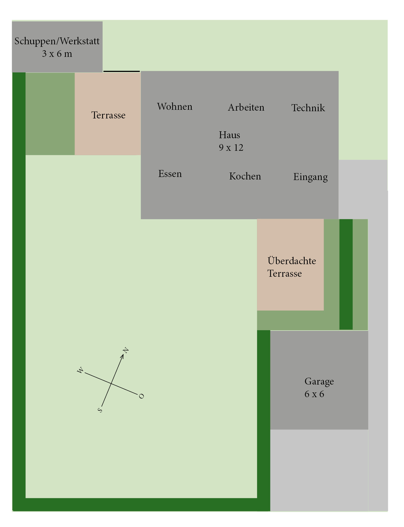 Grundriss eines Hauses mit Terrasse, Garage, Garten, Schuppen/Werkstatt und Überdachte Terrasse.