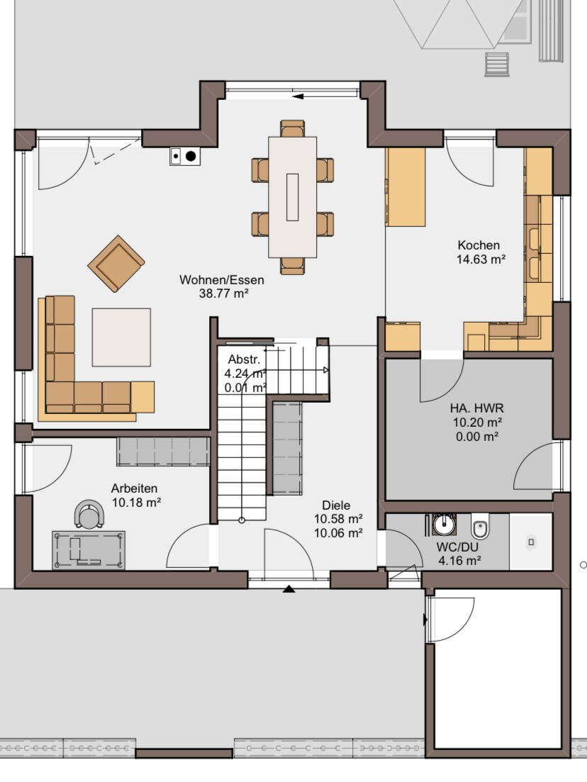 Grundriss eines Hauses: Wohnen/Essen, Kochen, Arbeiten, Diele, WC/DU, HWR, Abstellraum.