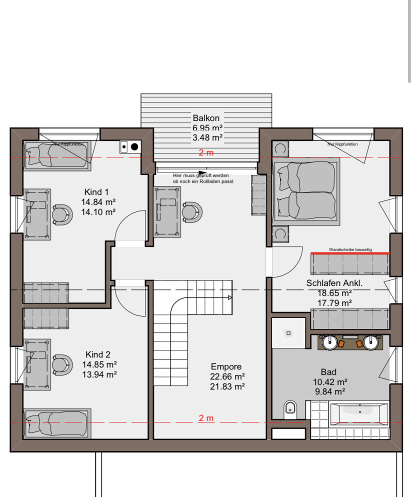 Grundriss eines oberen Stockwerks: zwei Kinderzimmer, Schlafen-Ankl., Bad, Empore, Balkon.