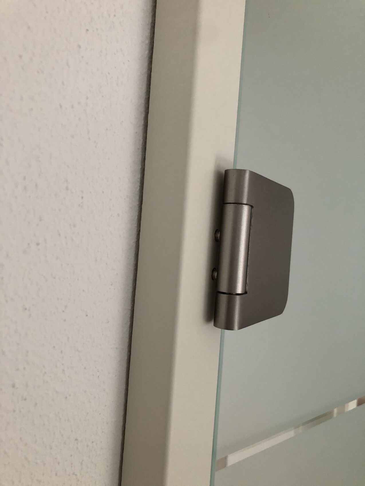 Metal door hinge on the edge of a glass door with white frame.