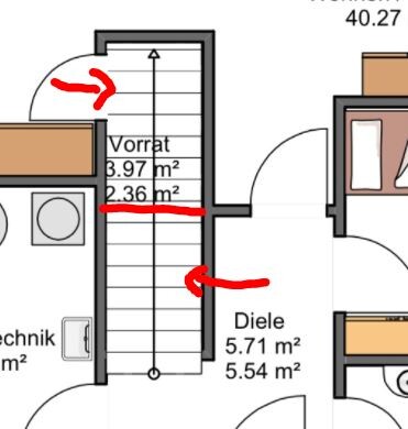 Grundriss-Ausschnitt zeigt Diele, Vorrat und Technikbereich im Haus