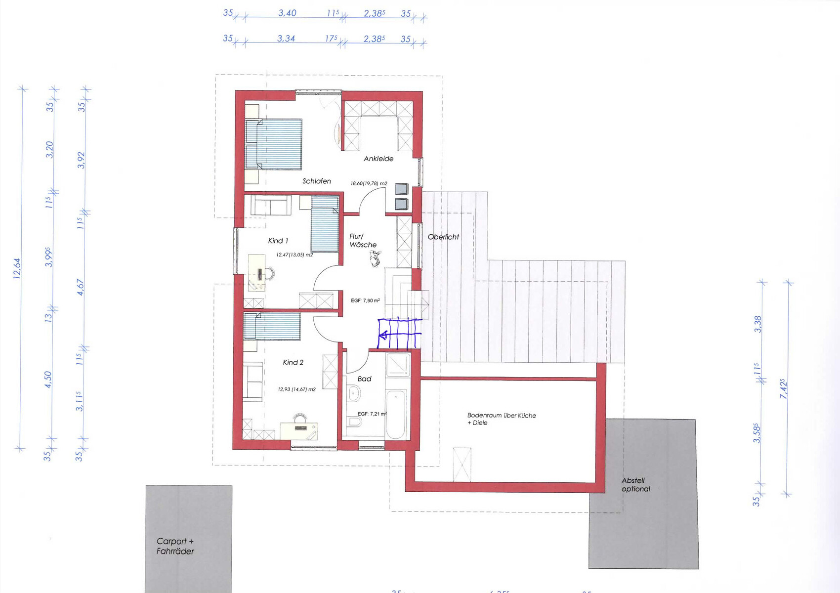 Detaillierter Grundrissplan eines Hauses mit Zimmern, Flur und Treppe im Obergeschoss