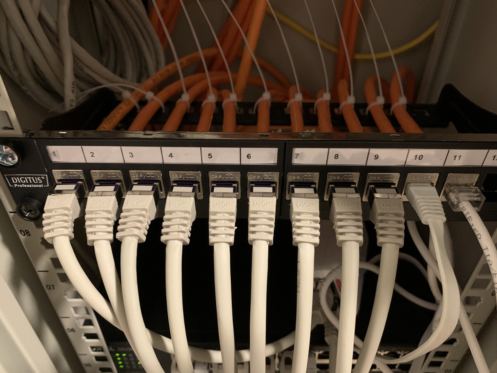 Network patch panel with white Ethernet cables on ports 1–12, orange cables in the background