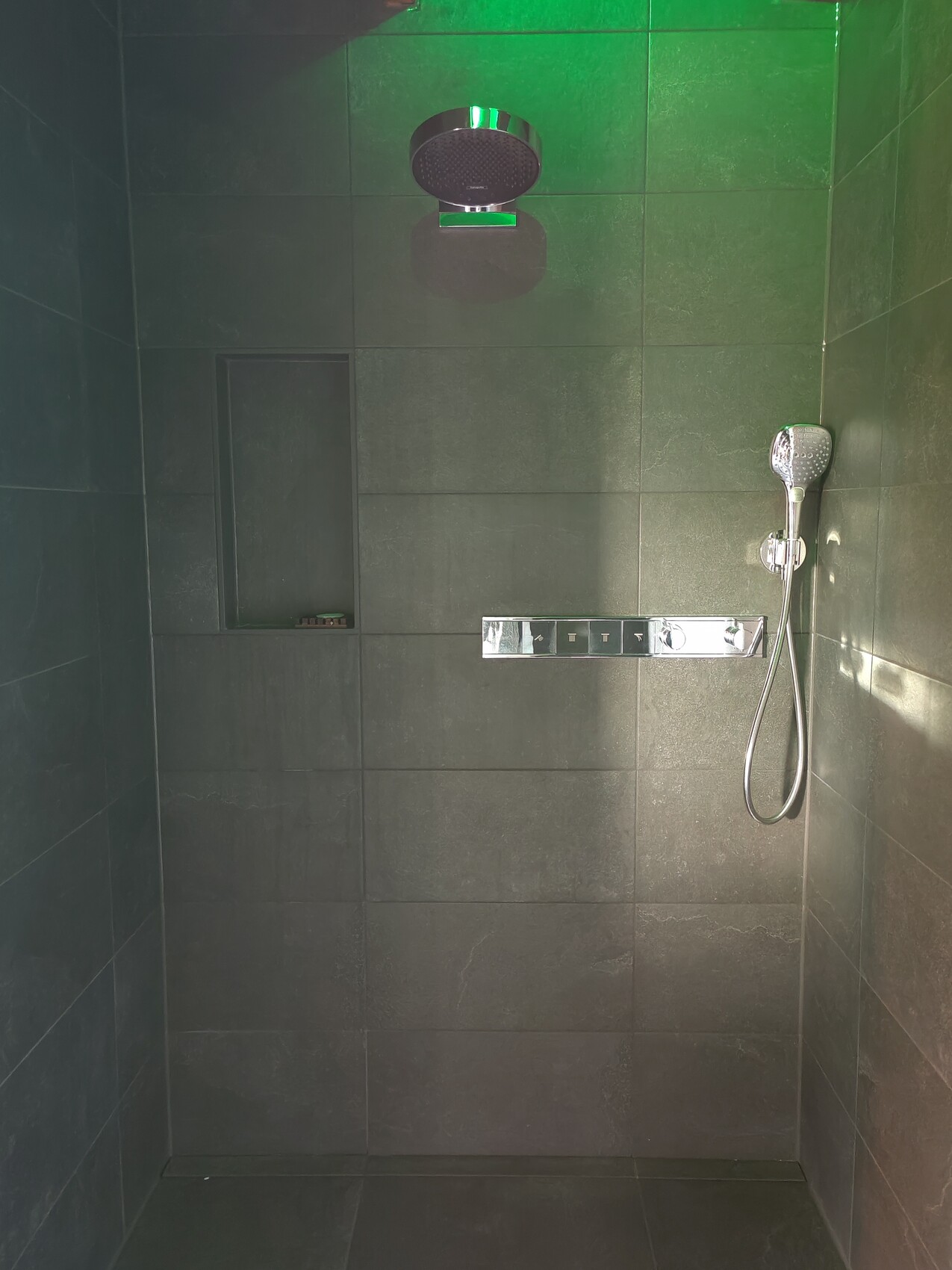 Dark tiled shower with ceiling rain shower, handheld showerhead on the right, niche on the left.