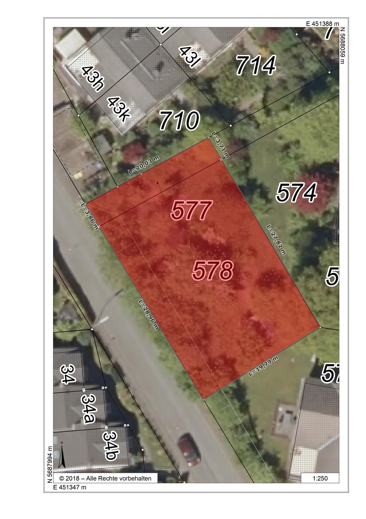 Aerial map: red-marked plot 577/578 beside street, surrounded by parcels 574, 710, 714.