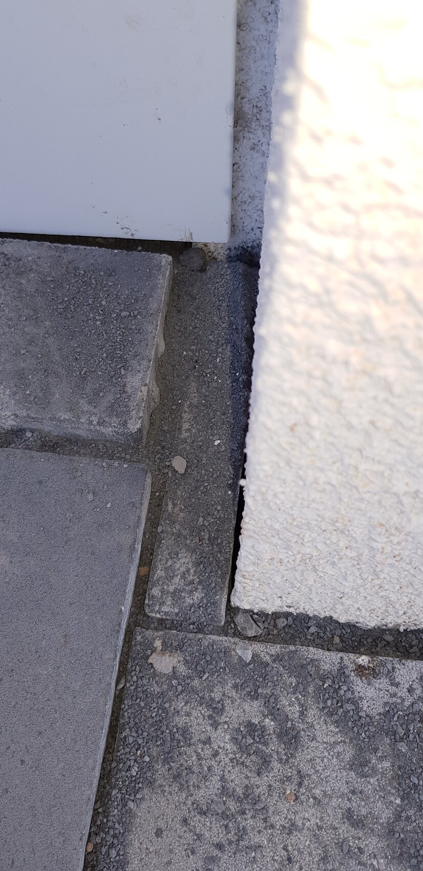 Close-up of a gray stone step next to a white door frame and rough wall.