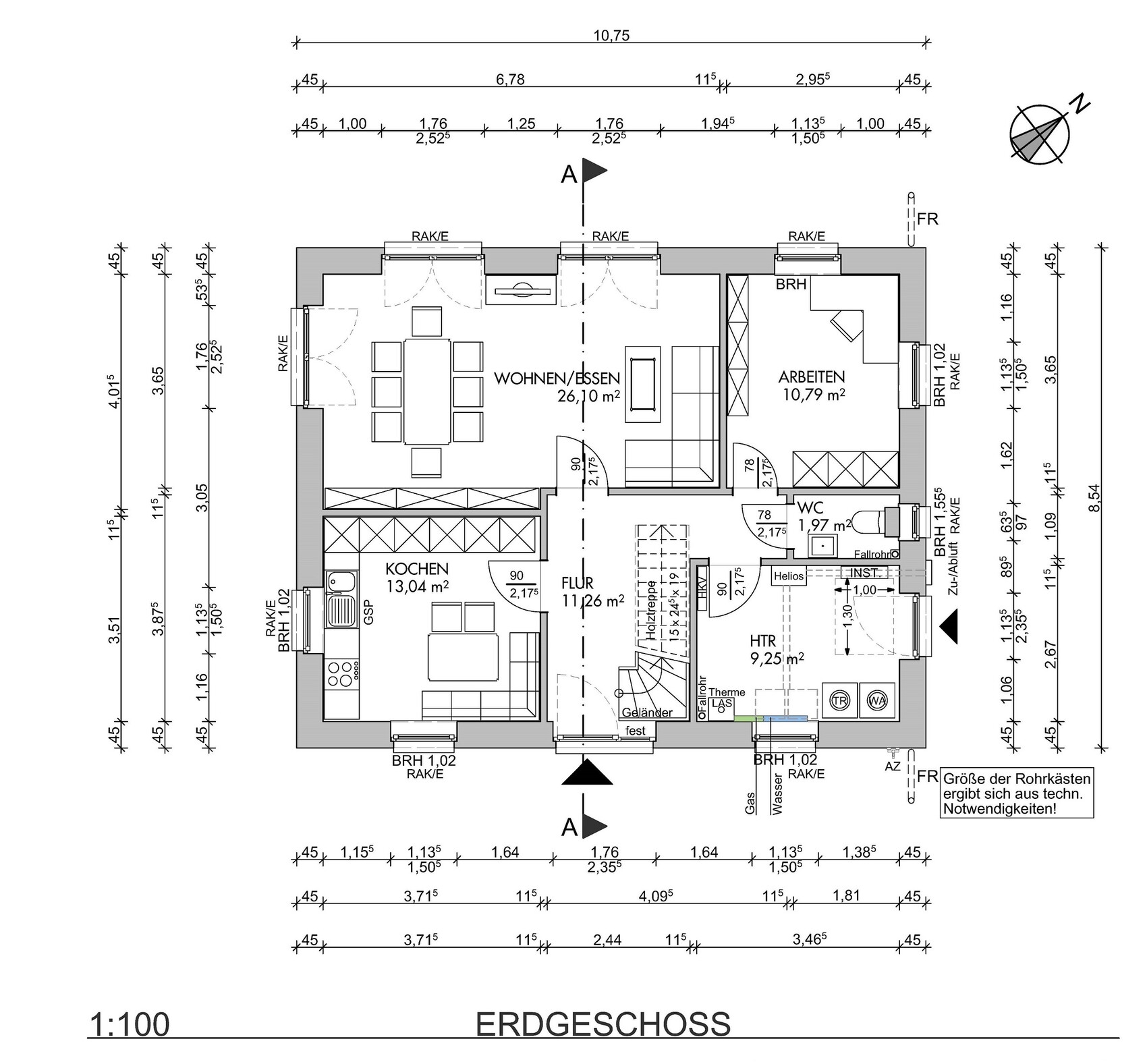 Ground floor plan with kitchen, living area, workspaces and hallway
