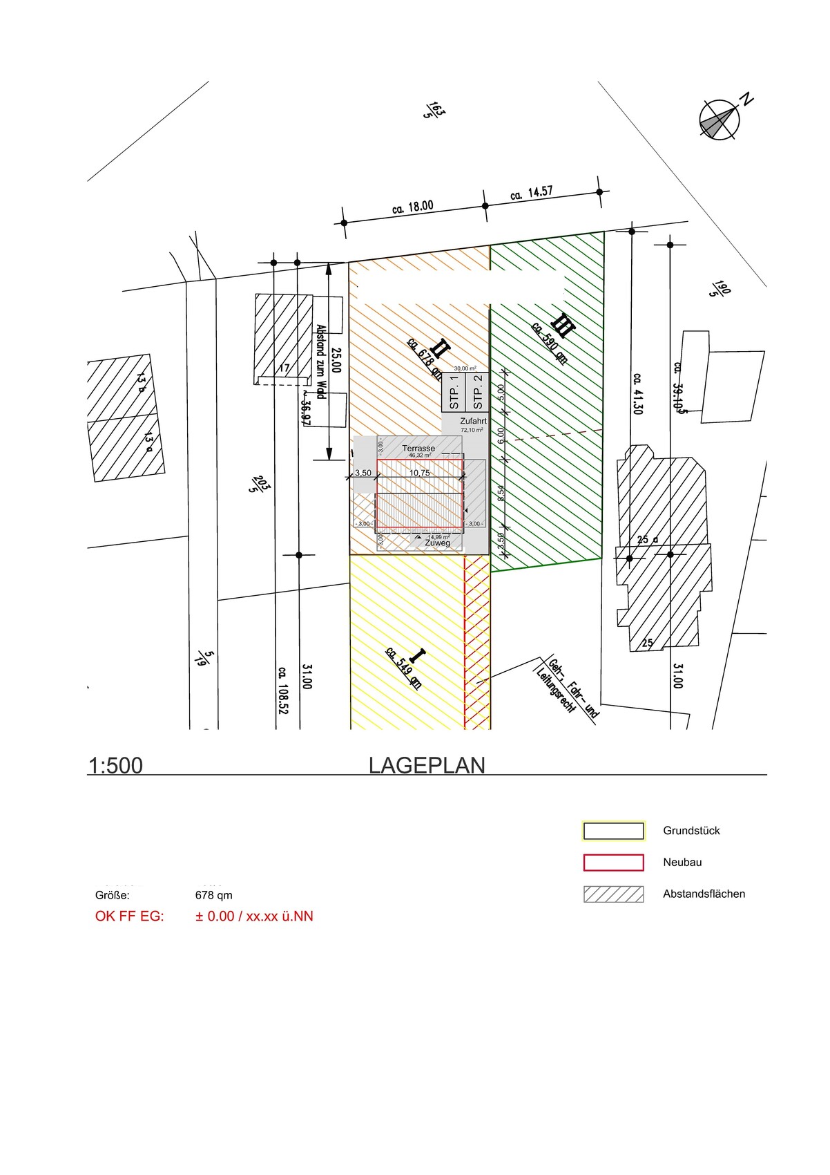 Site plan of a plot with building area, driveway, and setback zones.