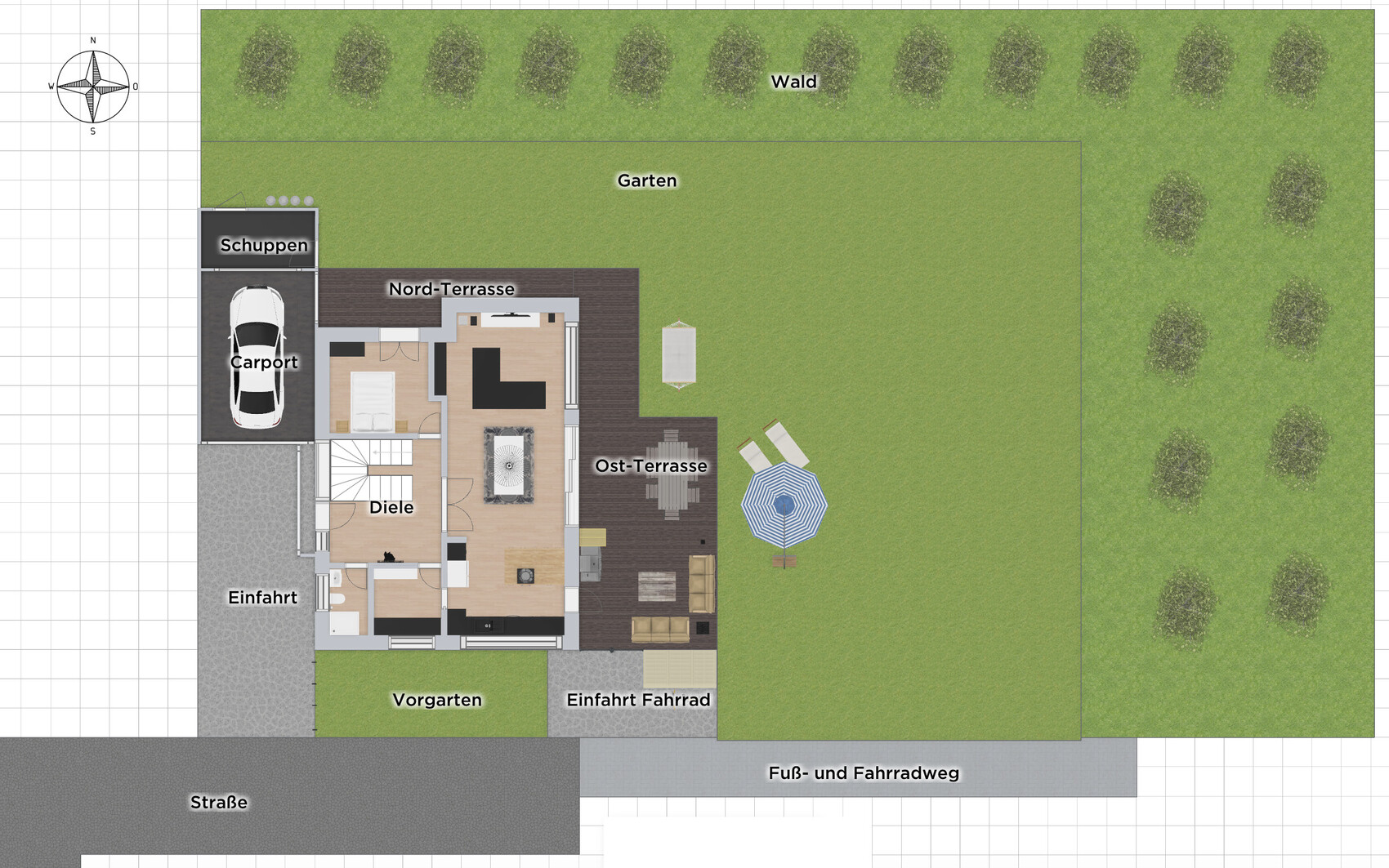 Floor plan of a house with garden, terraces, carport and driveway.