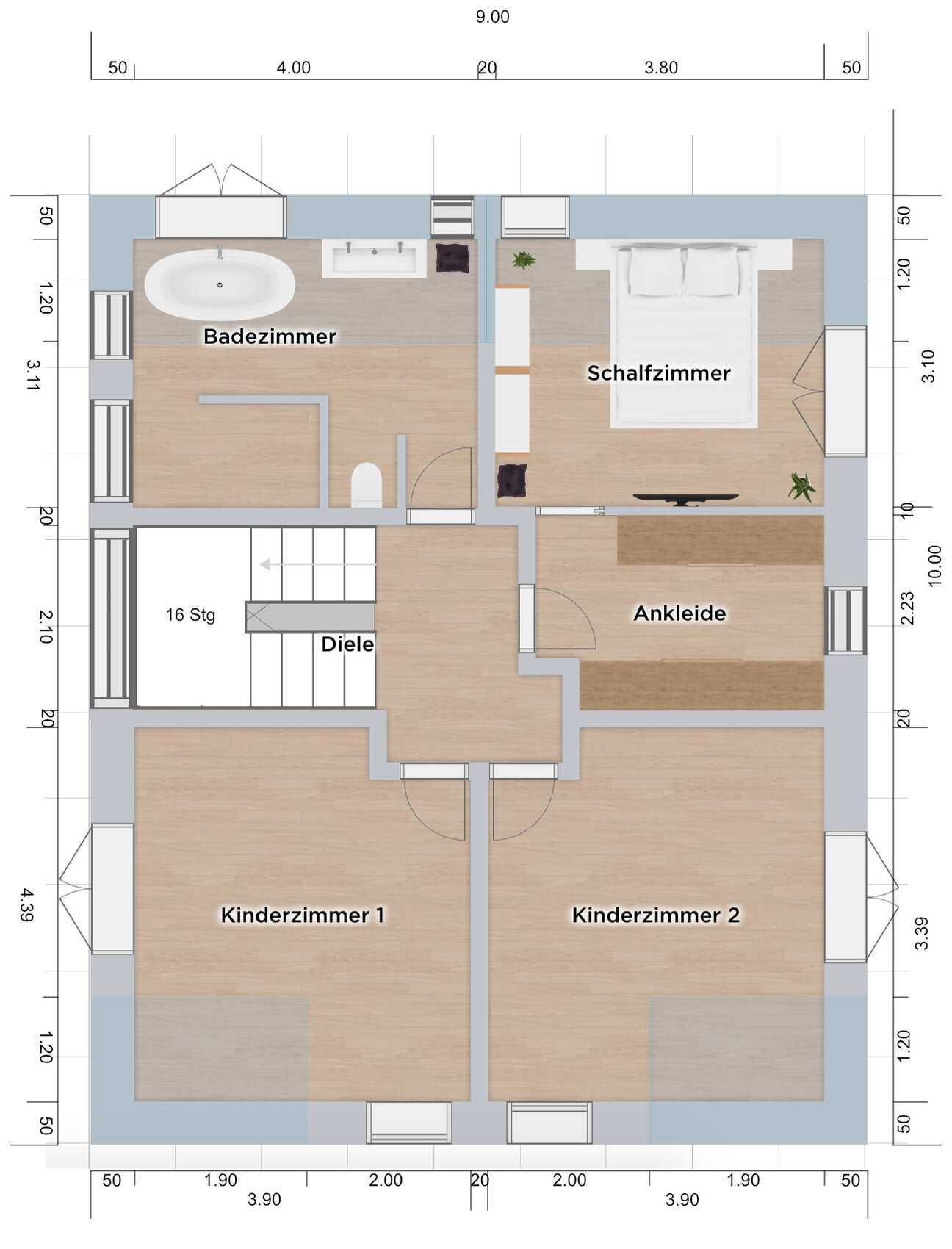 Floor plan of the upper floor with bathroom, bedroom, dressing room, hall and two children’s rooms.