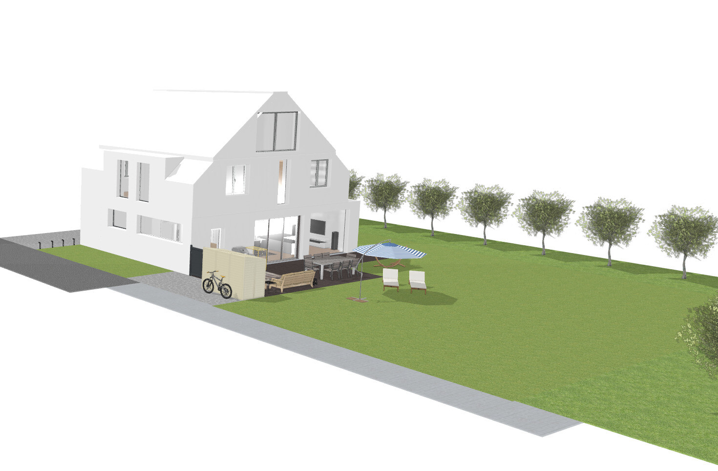 White modern house with large terrace, garden furniture, sun umbrella, loungers and green garden.