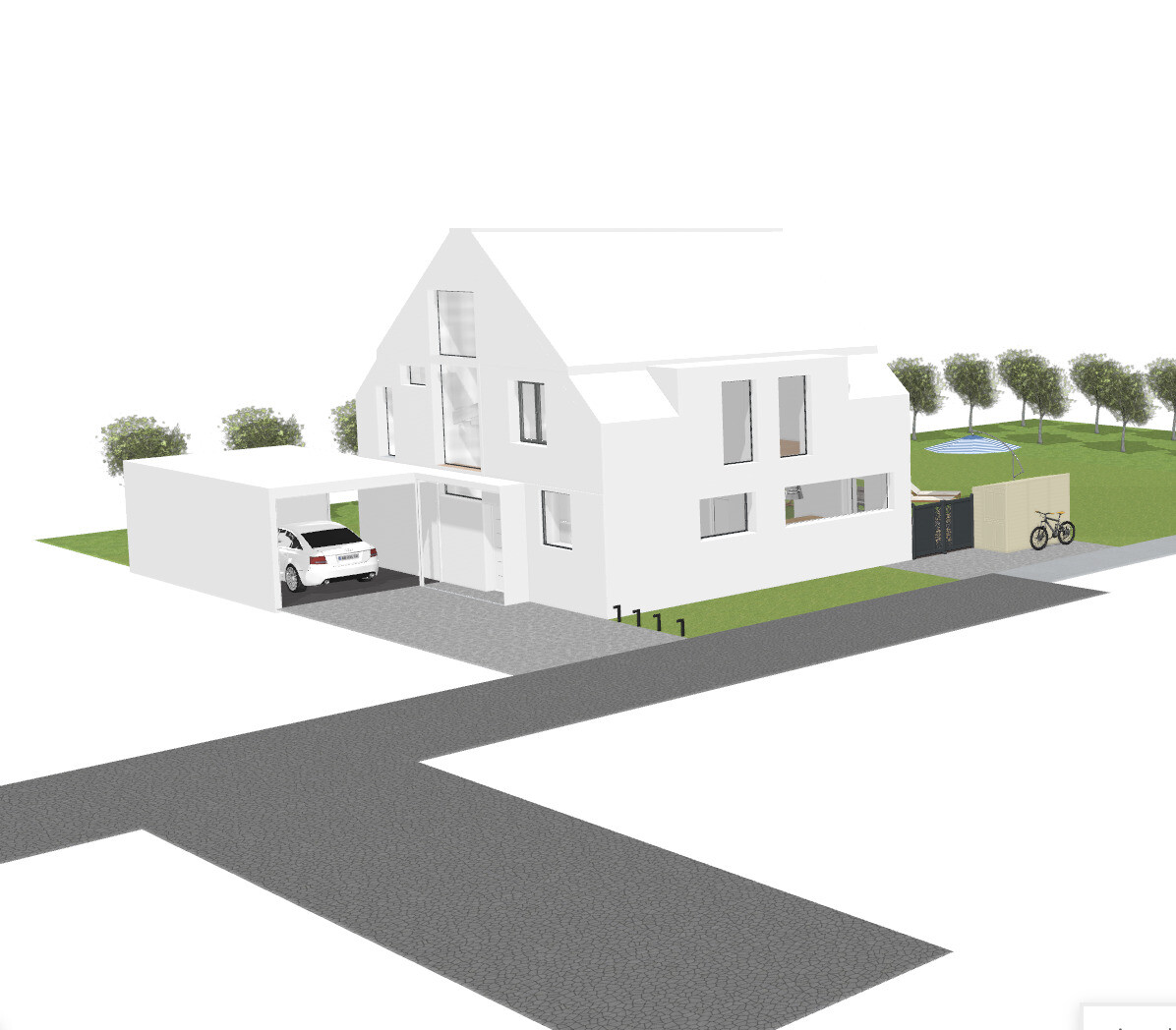 White modern house with carport, green garden, trees, bicycle at fence, street corner.