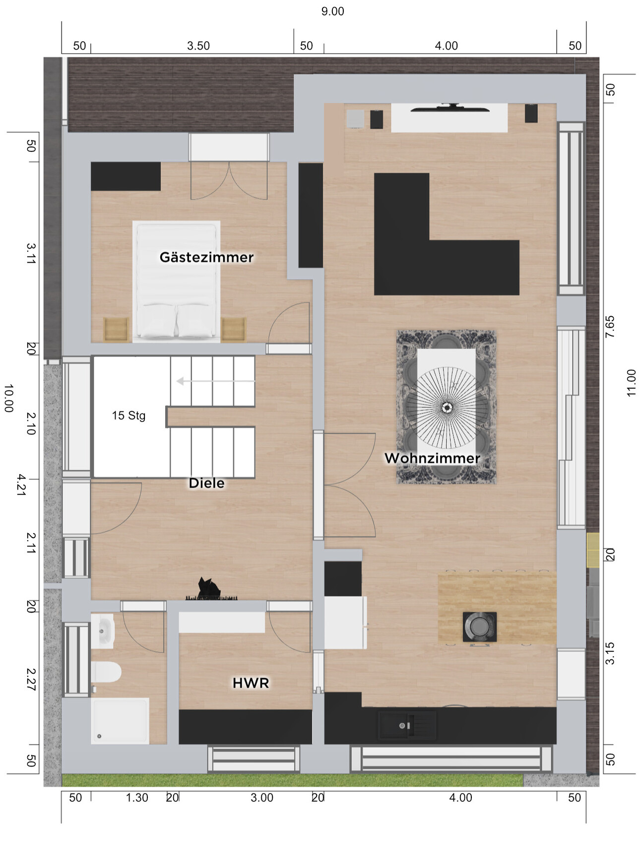Floor plan of a residential apartment: guest room, living room, hall, utility room; furniture like bed and sofa.
