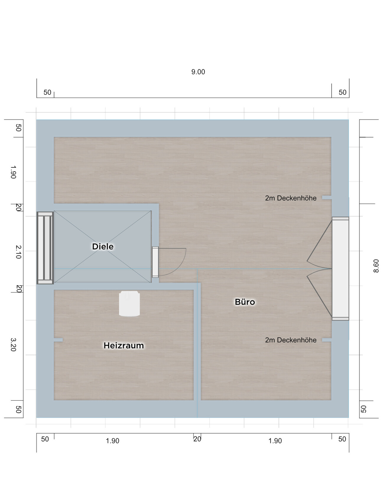 Floor plan of a building with hall to the left, boiler room below, office to the right, large open room above.