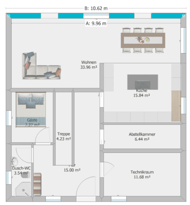 Floor plan of a house with living room, kitchen, guest room, shower-toilet, staircase and utility room.
