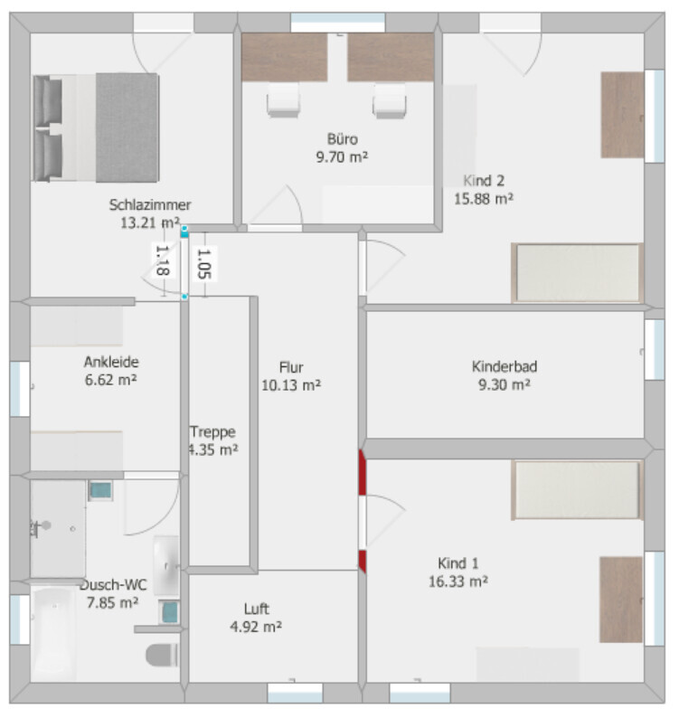 Floor plan of a multi-room house with bedroom, office, children’s rooms and corridor