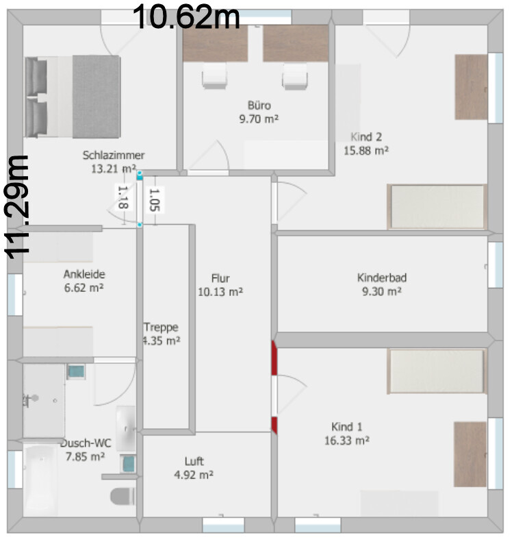 Grundriss eines Hauses: Schlafzimmer, Büro, Flur, Treppe, Bad, Dusche-WC, Ankleide, Kind 1 und 2.