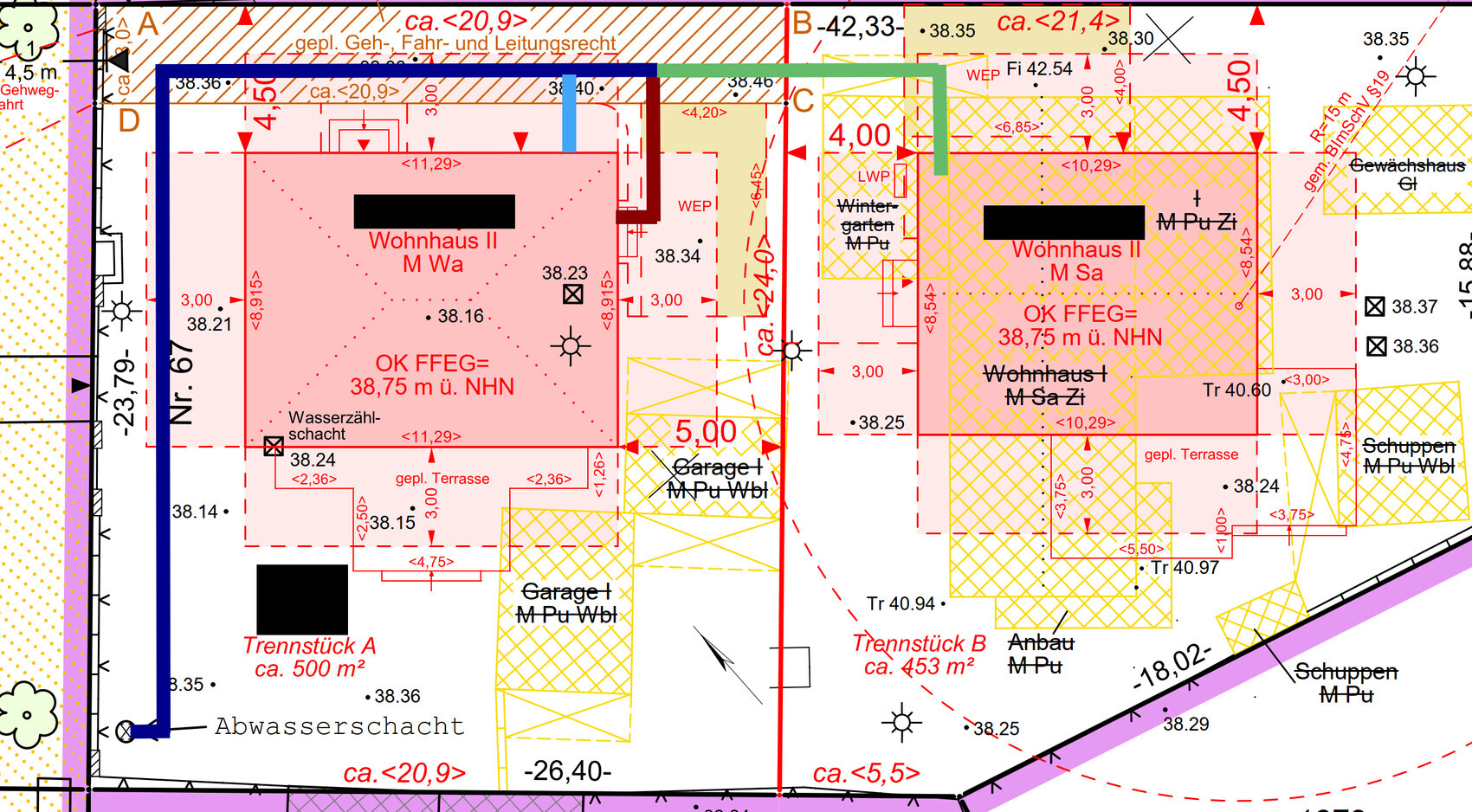 Site plan: Two houses, garden, terraces, garages, division sections A/B.