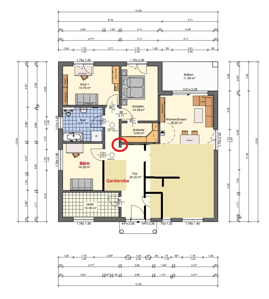 Floor plan of a residential house: bedroom, child 1, office, hallway, wardrobe, bathroom, living/dining area, balcony.