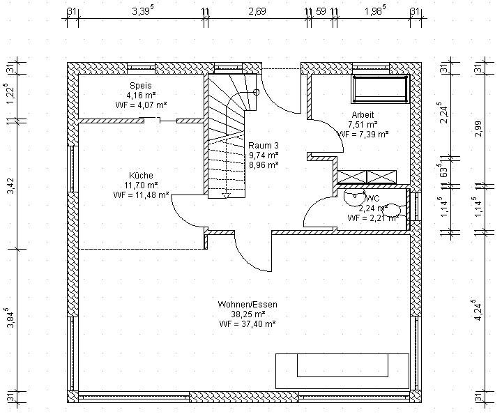 Floor plan of a house: kitchen, pantry, living/dining, room 3, study, toilet, stairs