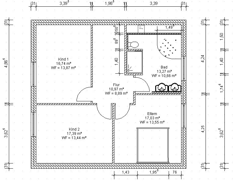Floor plan of a residential house with corridor, bathroom, master bedroom, and two children’s rooms
