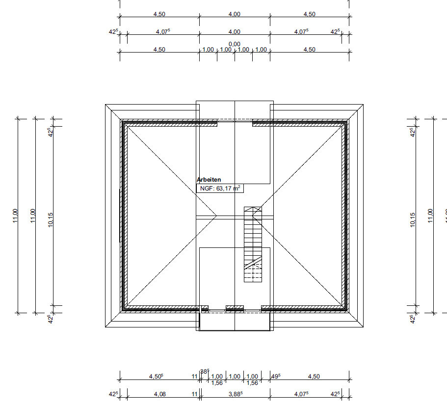 Square floor plan with central staircase, dimension lines, and work area net floor area: 63.17 m² (680 sq ft)
