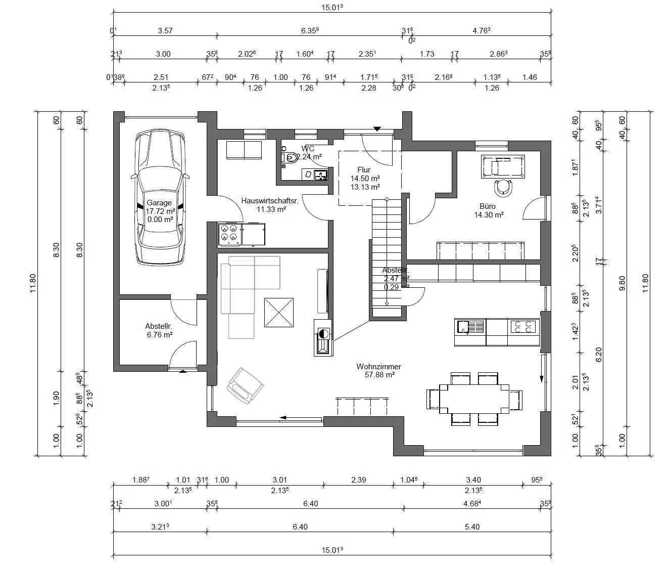 Ground floor plan: garage, storage room, kitchen, living room, hallway, office.