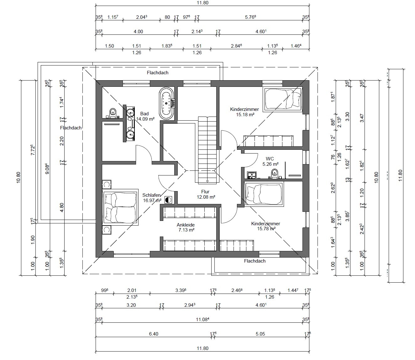 Upper floor plan: hallway, bathroom, bedroom, dressing room, WC, two children's rooms, stairwell.