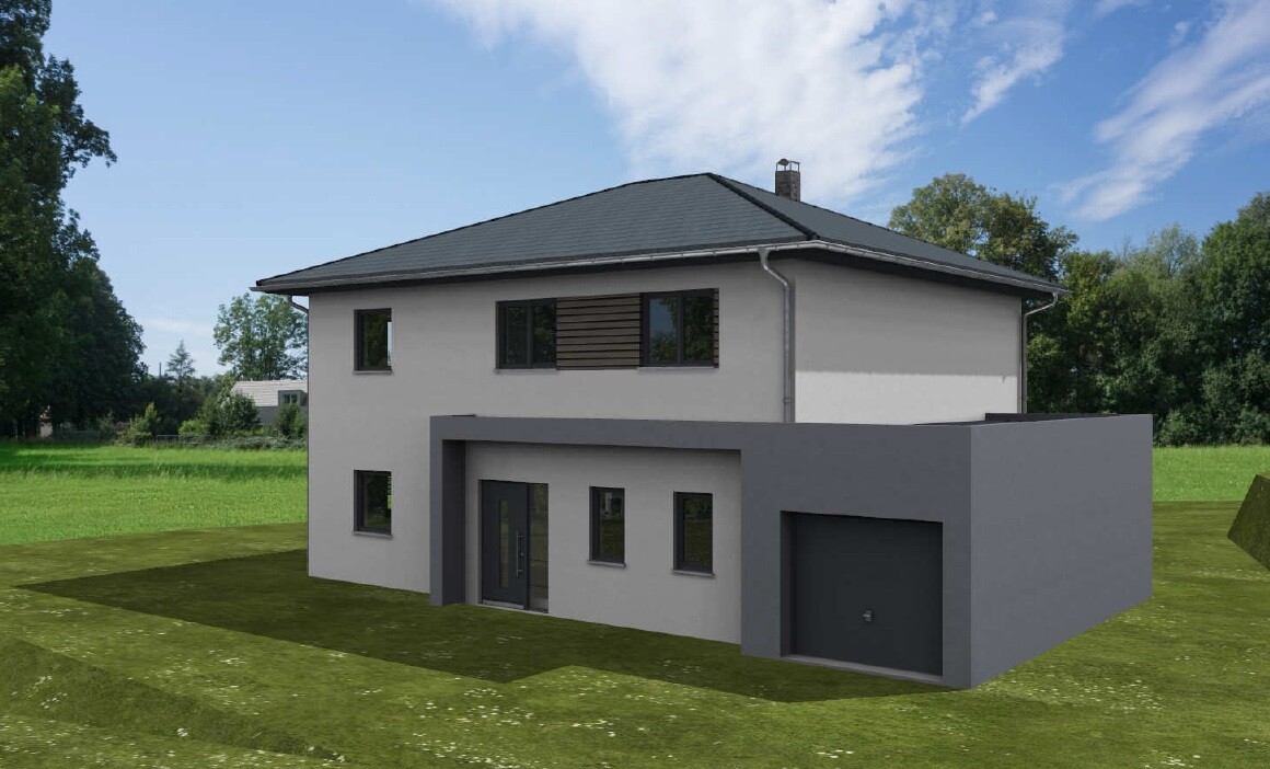 Modern two-story house with gray facade and integrated garage on green terrain.