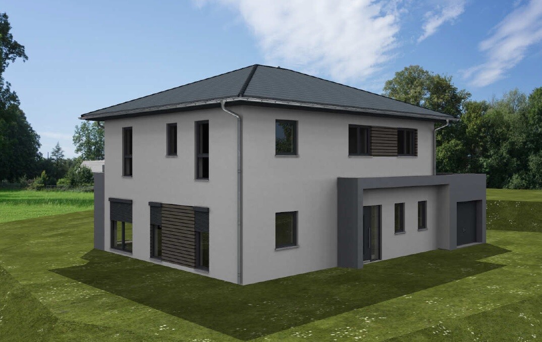 Two-story modern single-family house with gray facade, dark roof, and garage.