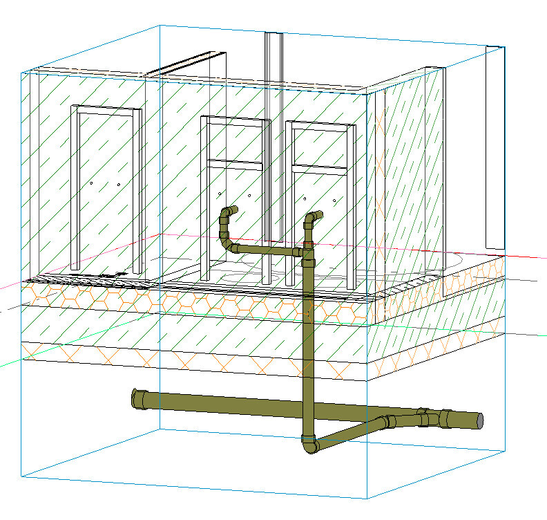 3D diagram of a bathroom sanitary installation with pipes below the floor