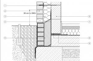 Cross-section through foundation and wall structure with soil, insulation, and layering.