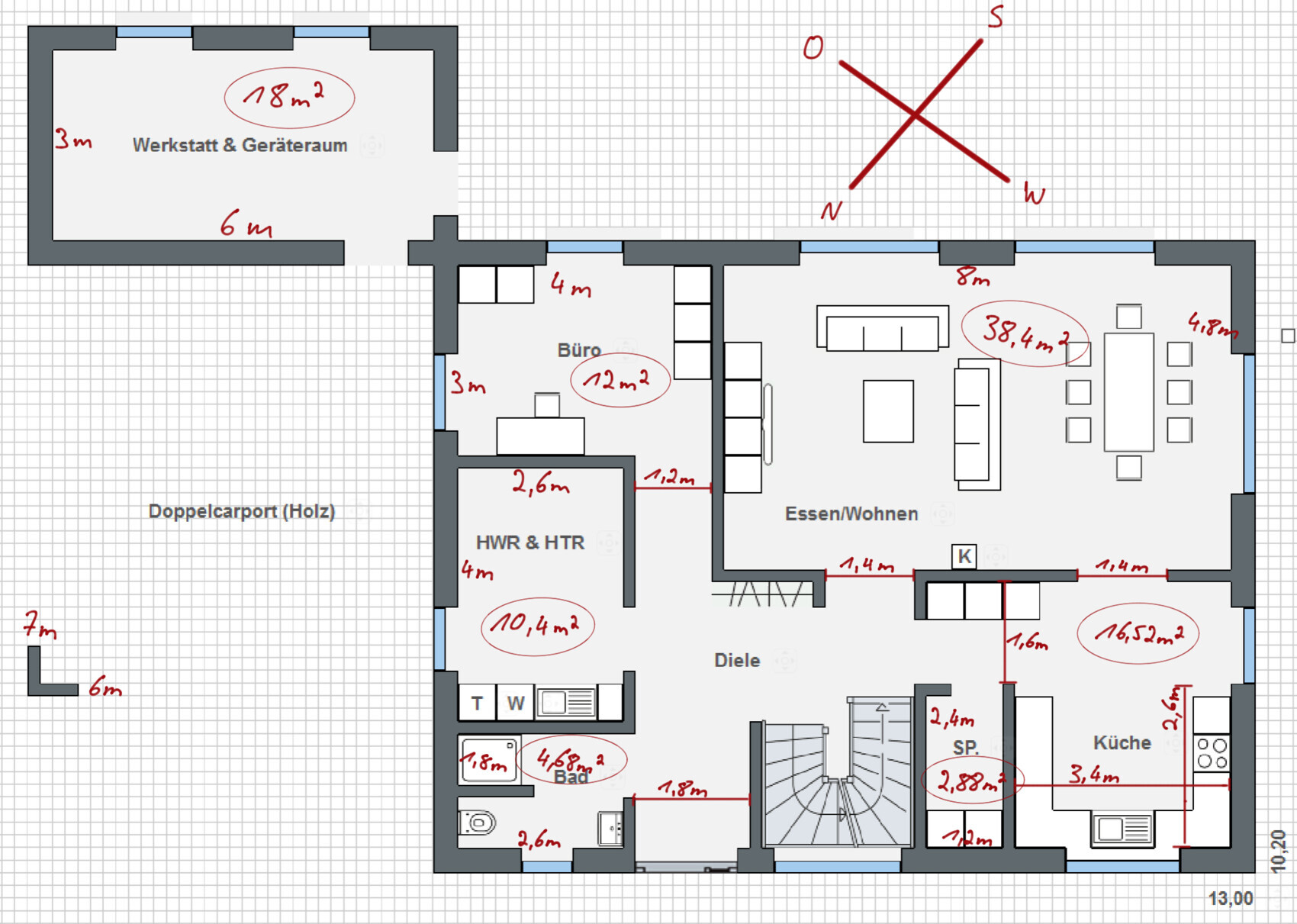 Floor plan of a house: dining/living, kitchen, office, workshop, utility room, bathroom, carport.
