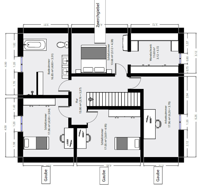 Upper floor plan with hallway, stairs, bathroom, three bedrooms, office, dormer windows