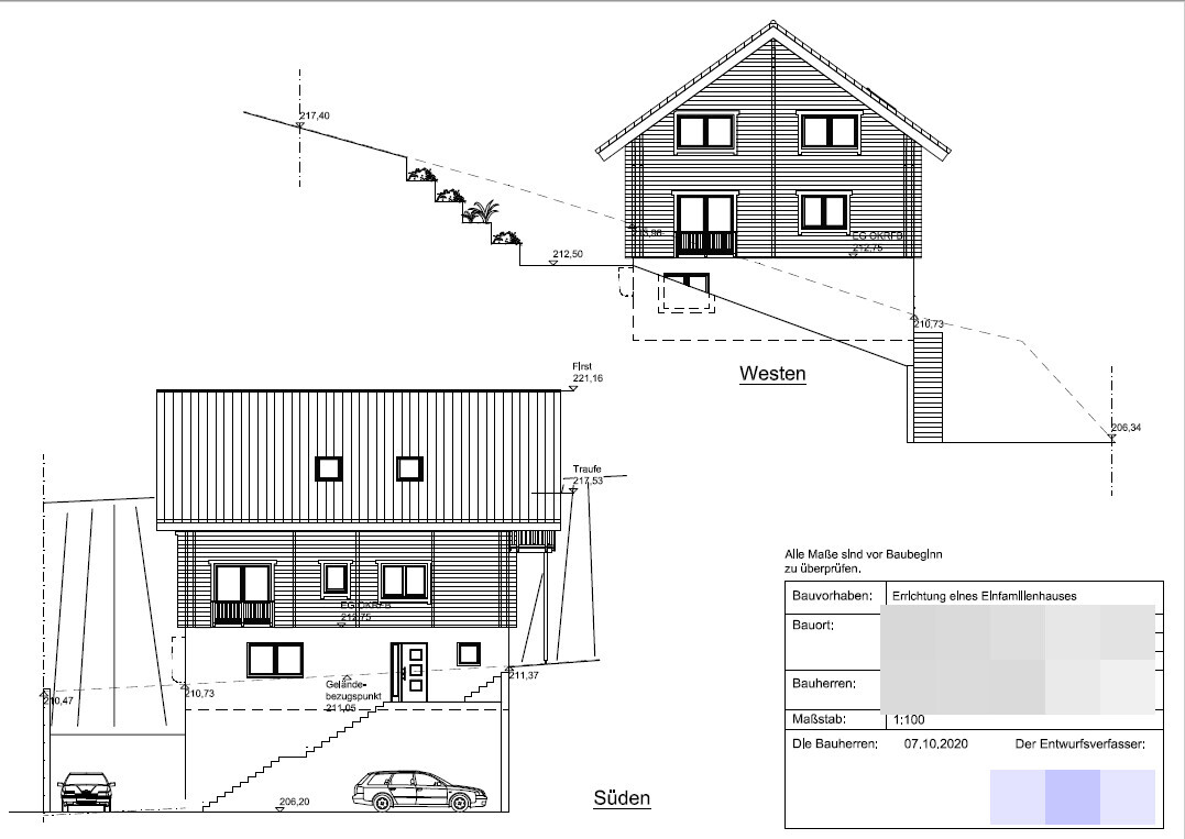 Architectural drawing of a two-story house with west and south elevation, roof, windows, and doors