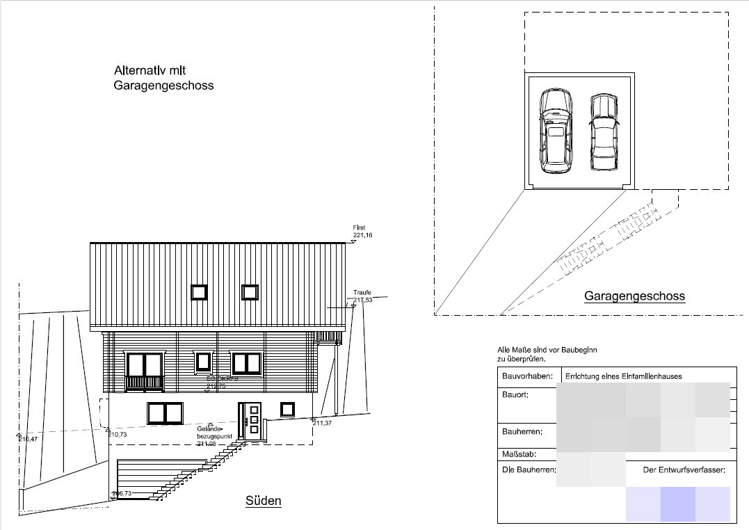 Architectural drawing: house with garage floor, south elevation, sketch with dimensions.