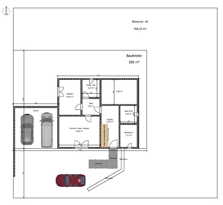Floor plan of a house with carport, living and sleeping areas, bathroom/WC, and outdoor area.