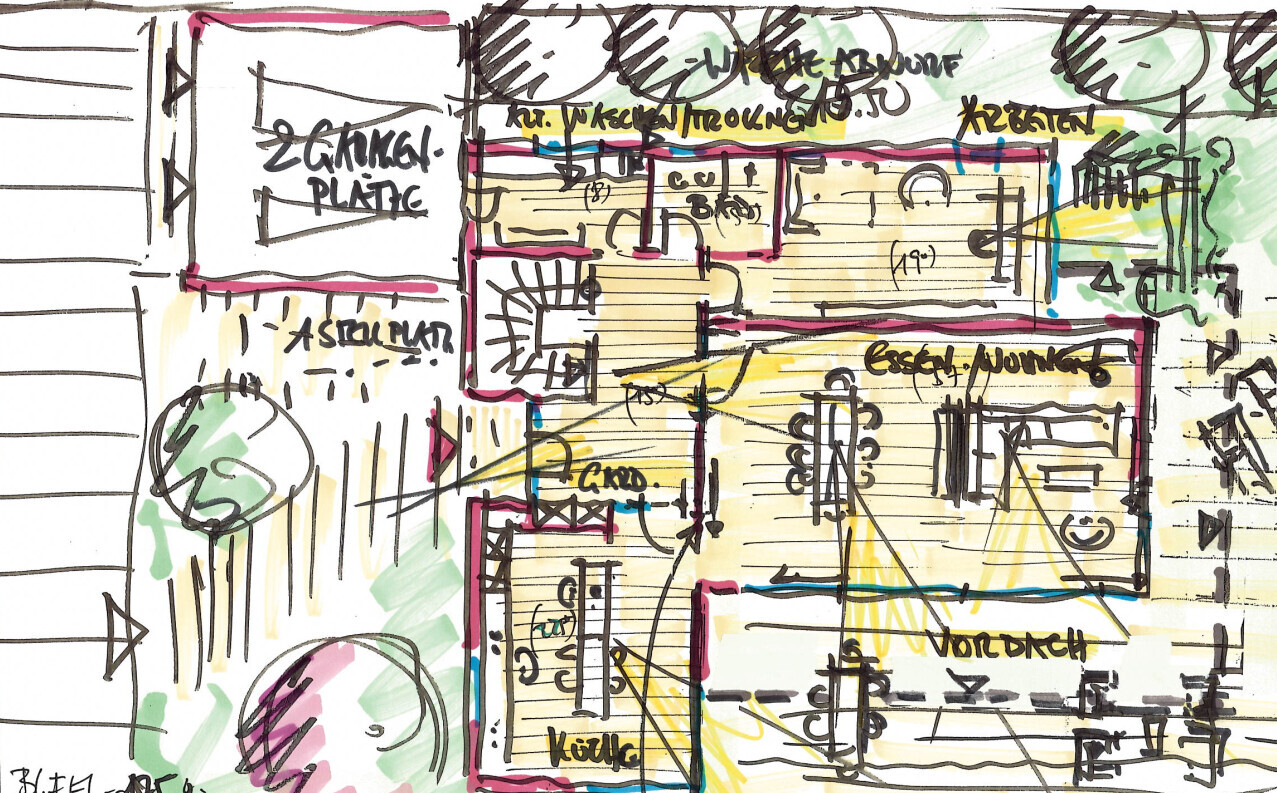 Hand-drawn floor plan sketch of a house with kitchen and dining/living area.