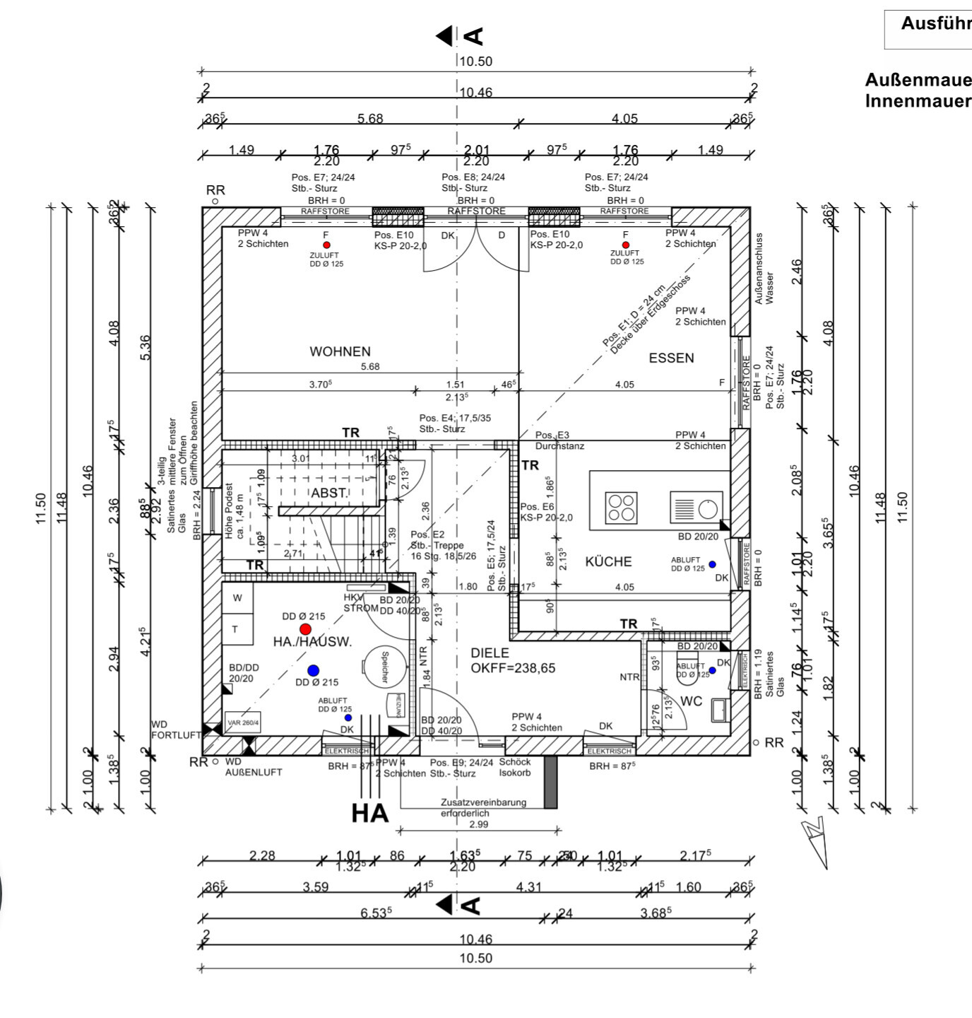Floor plan of a house: rooms living, dining, kitchen, hallway, stairs, dimensions.