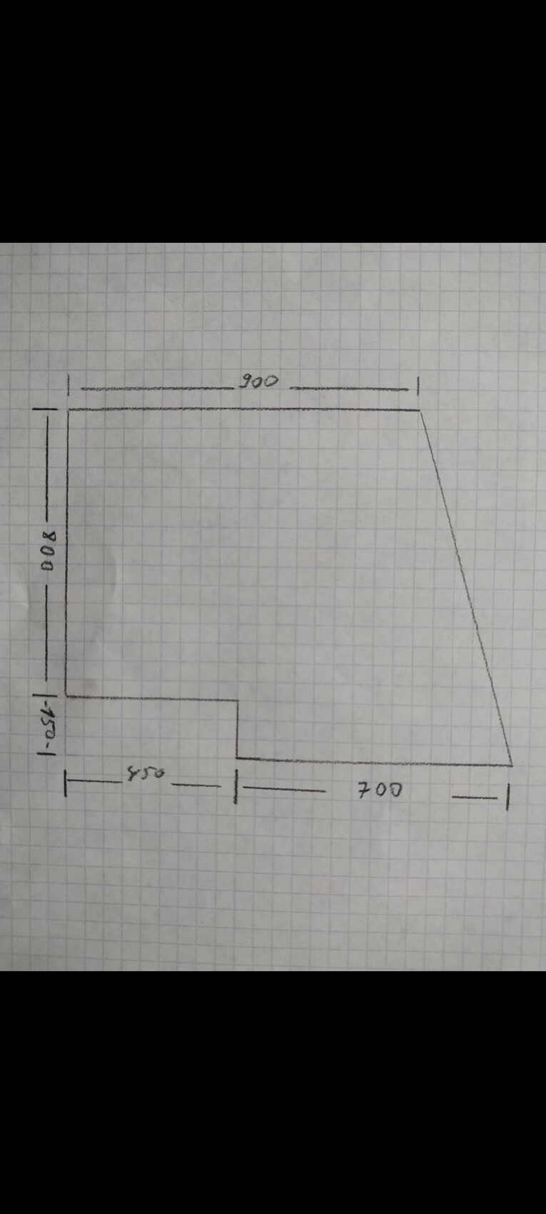 Floor plan of an irregular area with a recess at the bottom left; dimensions: 900×800 mm (35.4×31.5 inches), 500 mm (19.7 inches) width.