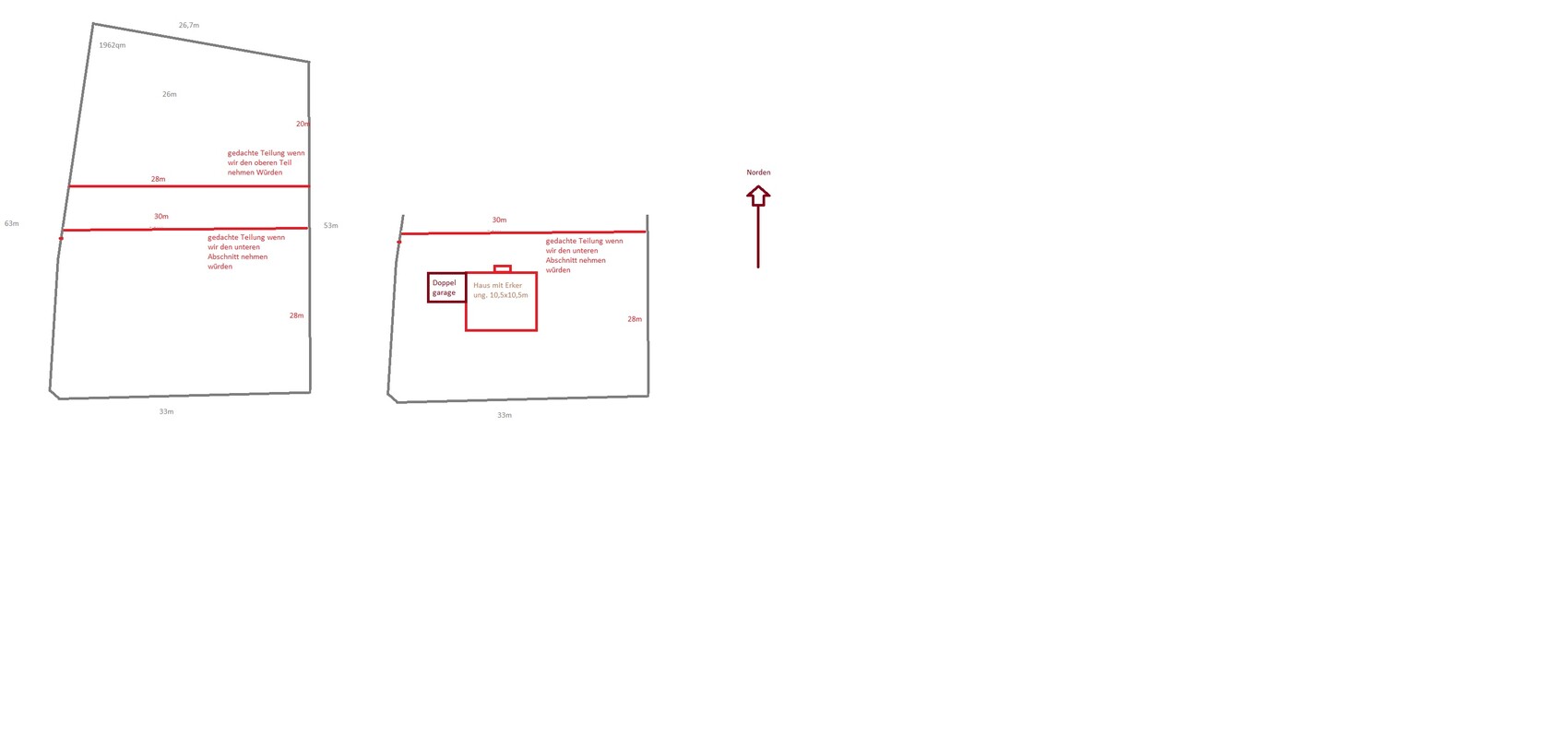 Two floor plans with dimensions, red division lines and double garage