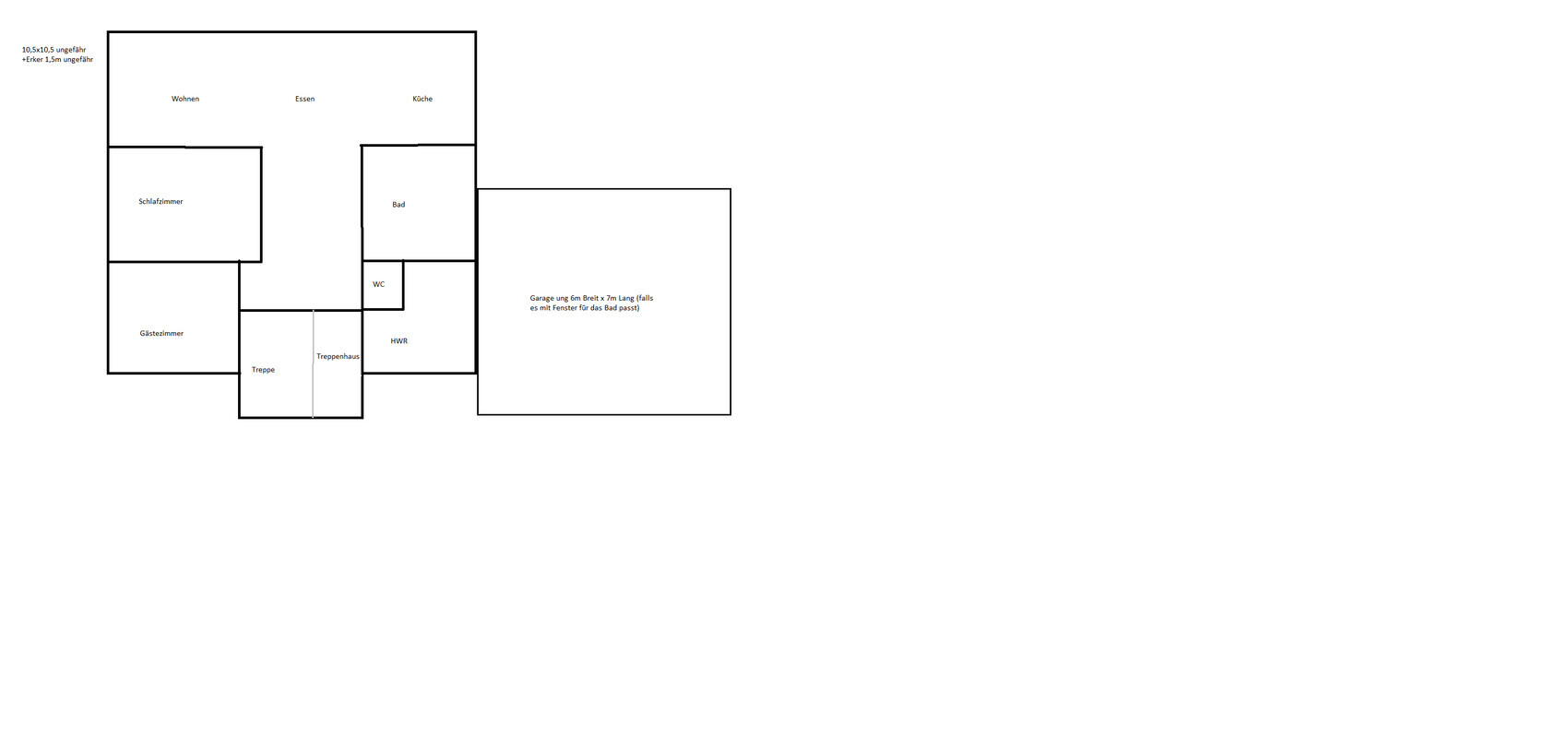 Floor plan of a house with living room, dining, kitchen, bedroom and guest room, bathroom, WC, utility room, and garage.