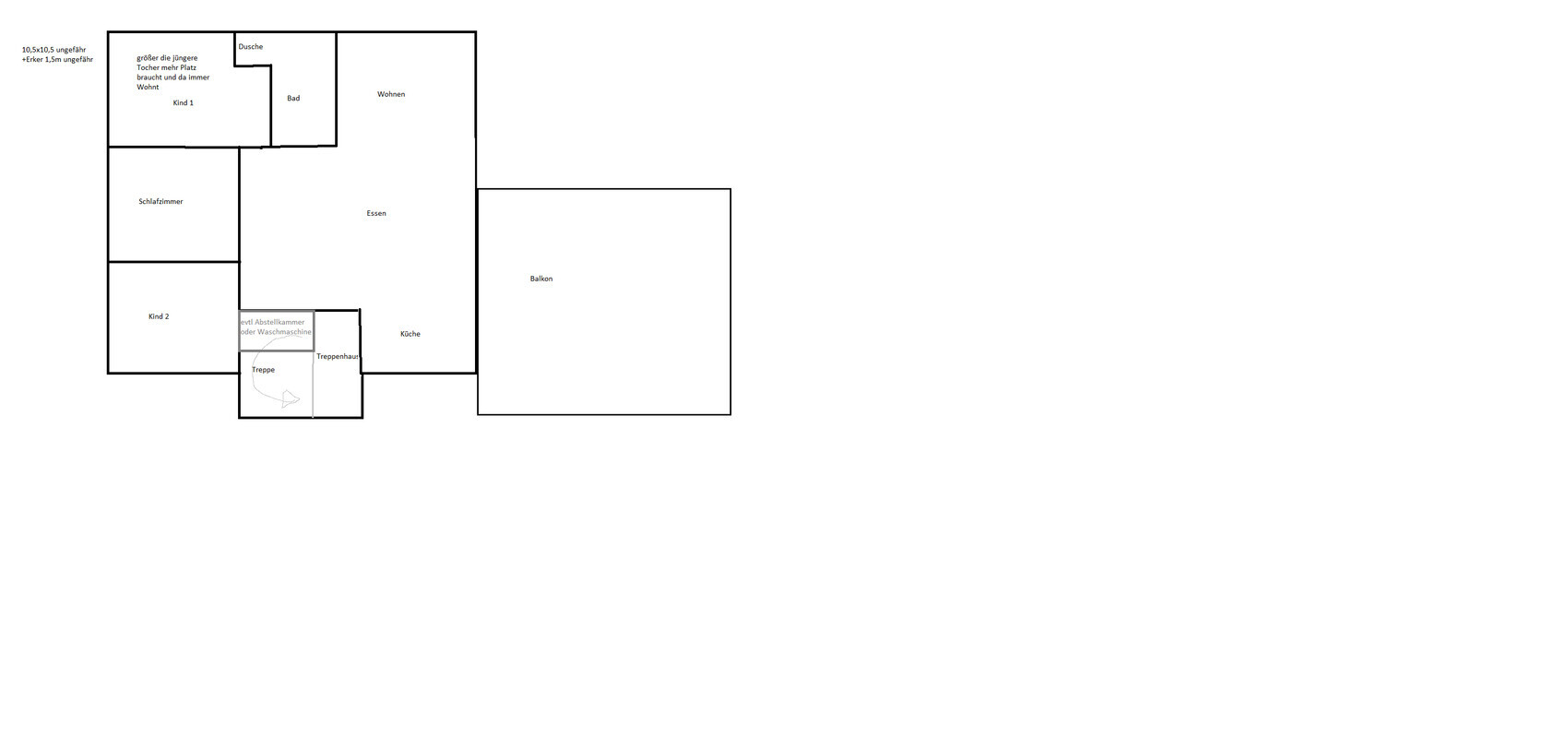 Floor plan: kitchen, dining, living, balcony, bathroom, shower, bedroom/children’s room, stairs.