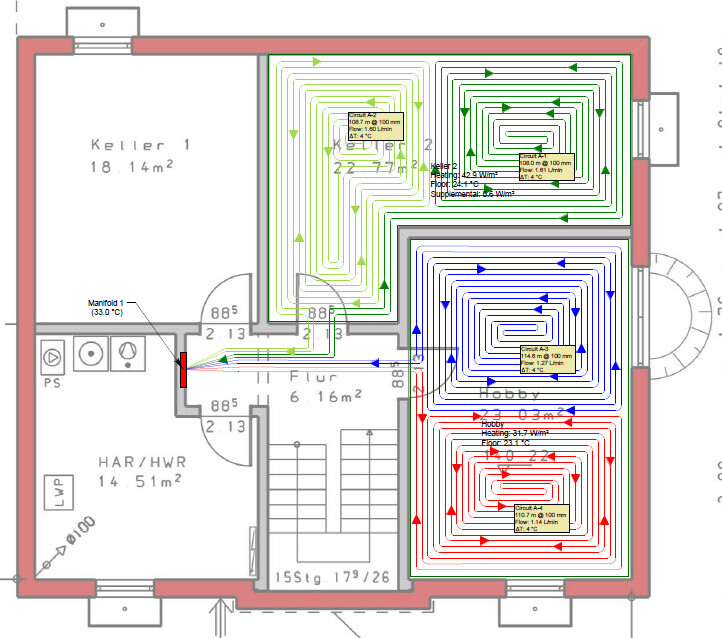 Floor plan of a house with three heating circuits (green, blue, red) in rooms.