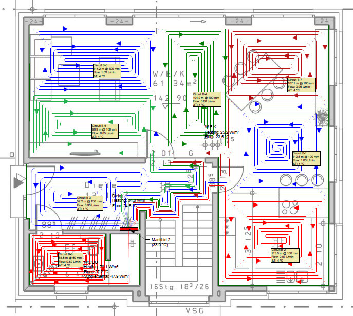 Building layout with colored, spiral-shaped air paths in rooms (blue, green, red).