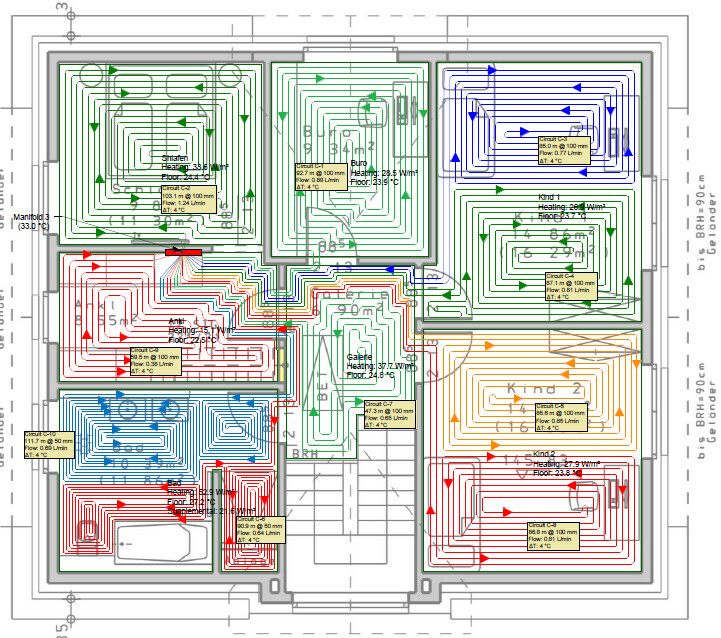 Floor plan of a building with color-coded underfloor heating zones and spiral pipes.