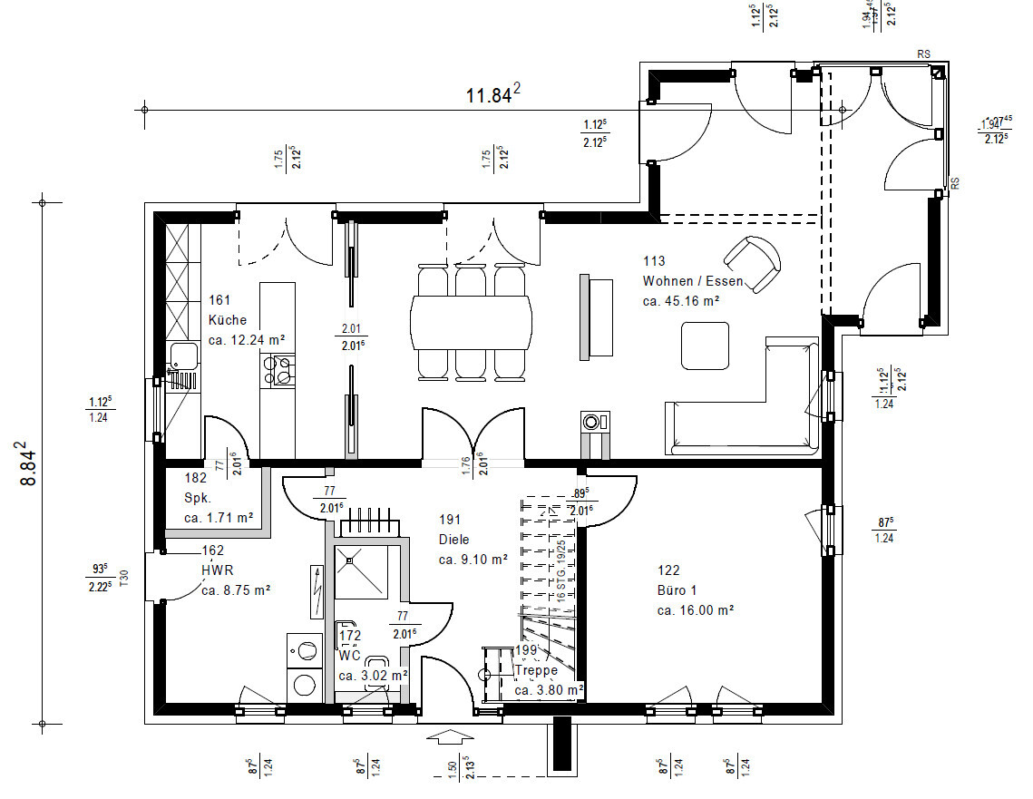 Floor plan of a residential house: kitchen, utility room, WC, hallway, stairs, office 1 and living/dining area.