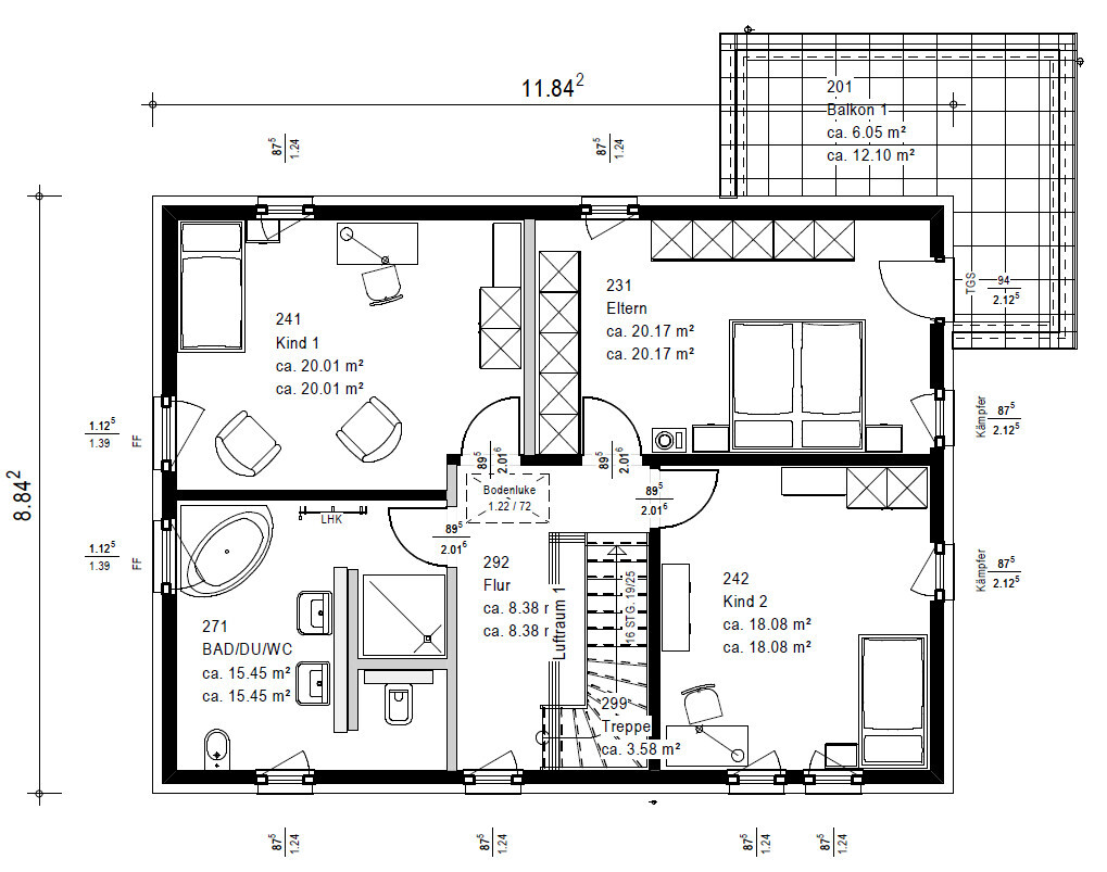 Floor plan of the upper floor of a house with three bedrooms, bathroom, corridor, stairs and balcony.