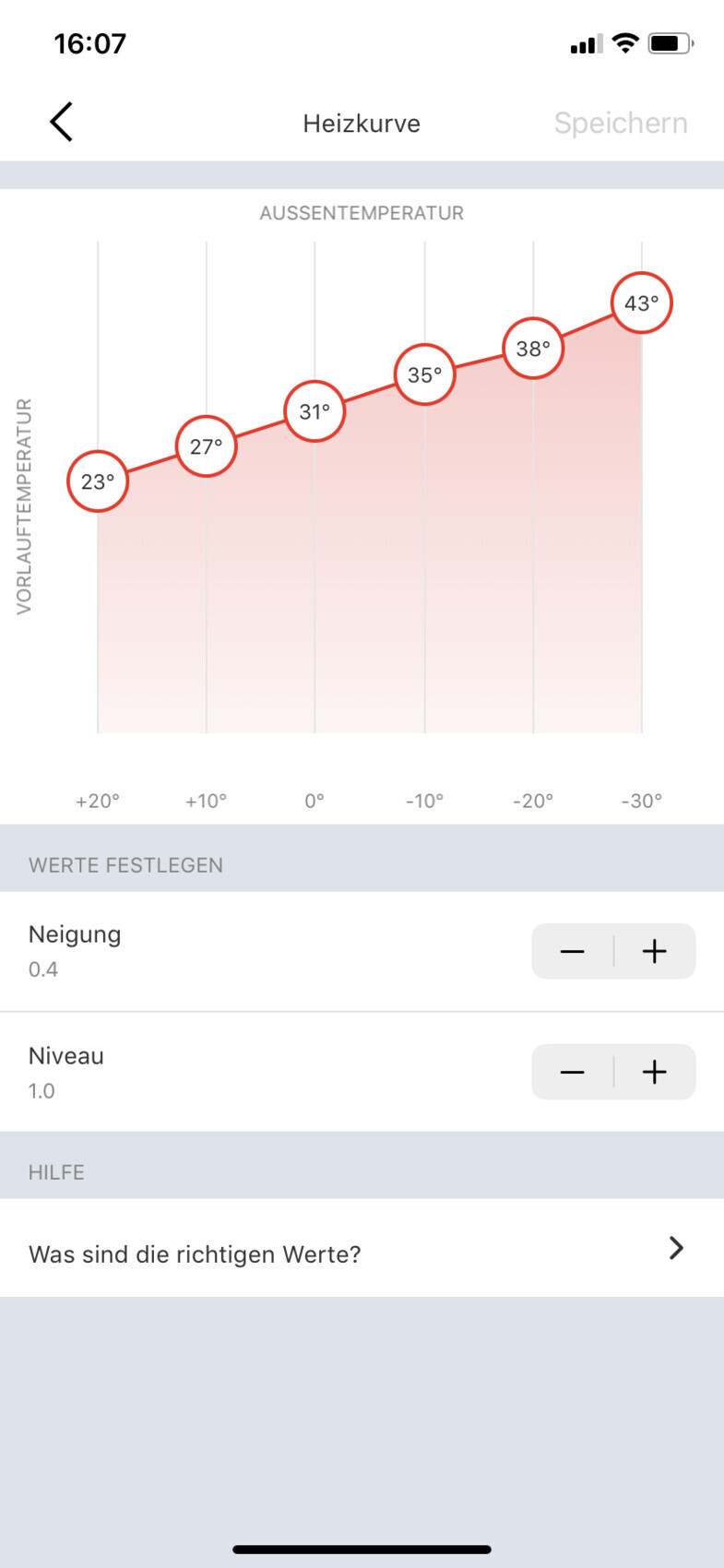 Screenshot of a heating curve app with red graph from 23°C (73°F) to 43°C (109°F) across outdoor temperature.