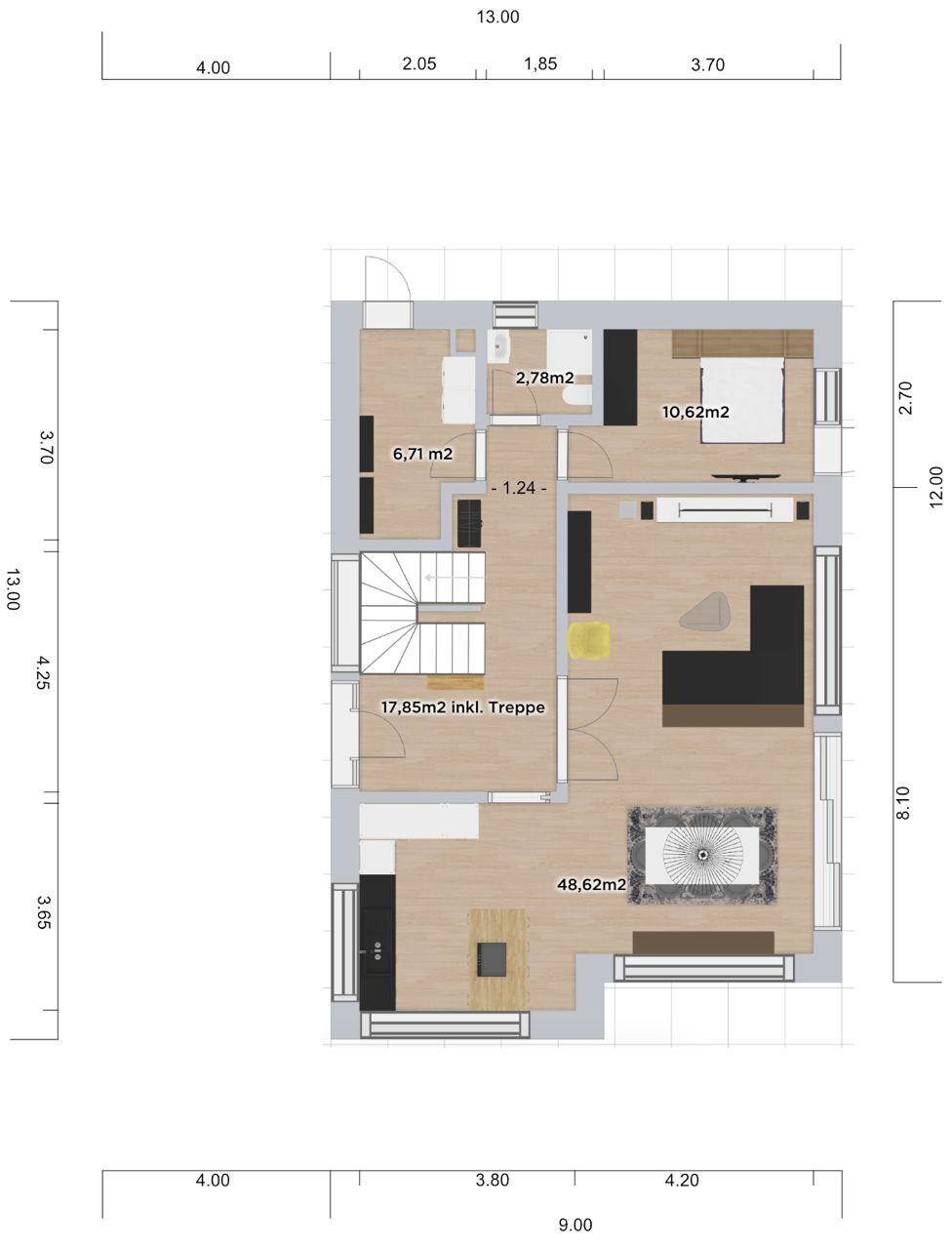 Grundriss einer Wohnung mit offenem Wohnbereich, Küche, Schlafzimmer, Bad und Treppe.